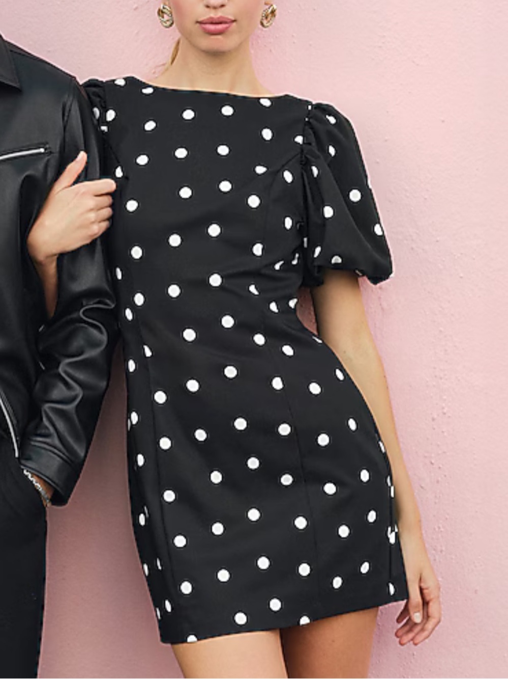 NWT Express Black Polka Dot Stretch Cotton Puff Sleeve Mini Dress